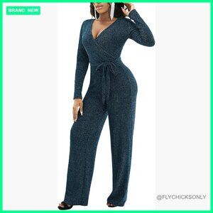 V-Neck Sequin Jumpsuit with Belt, Long Sleeve Loose Fit